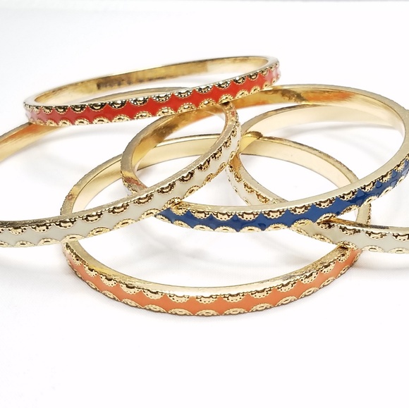 Set Five Orange Red Multicolored Stacking Bangles - Picture 6 of 8